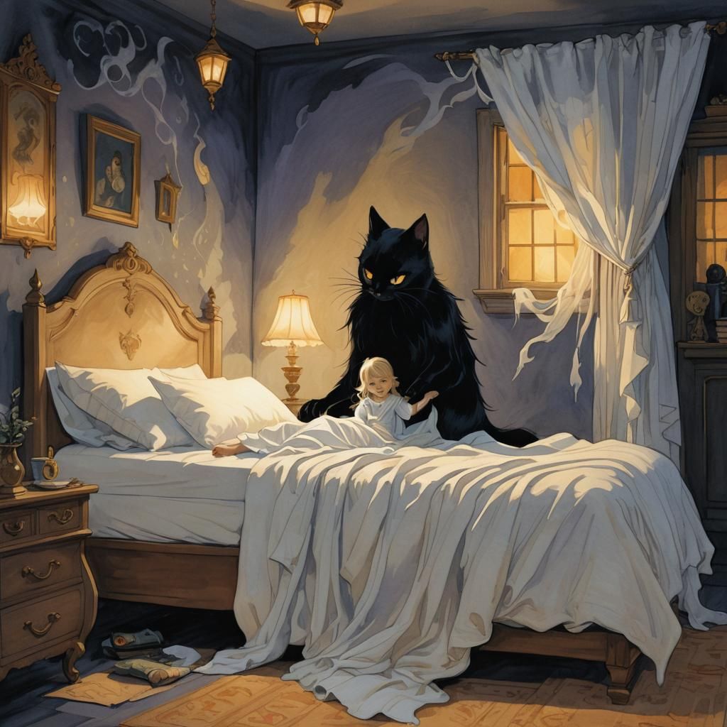 Ethereal Cat Ghost in Child's Bedroom, Gouache Painting