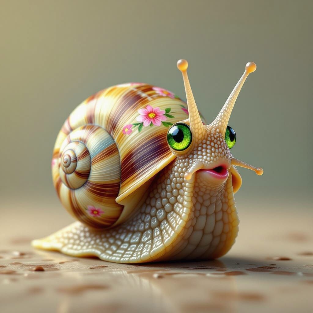 Curious Snail Portrait with Floral Shell in Hyperrealism Sty...