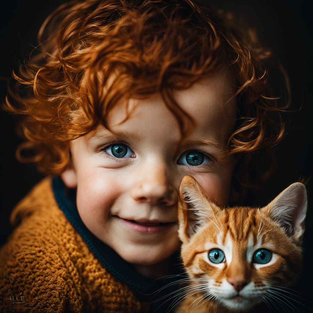 Warm Portrait of a Ginger Cat and His Little Redhead Friend