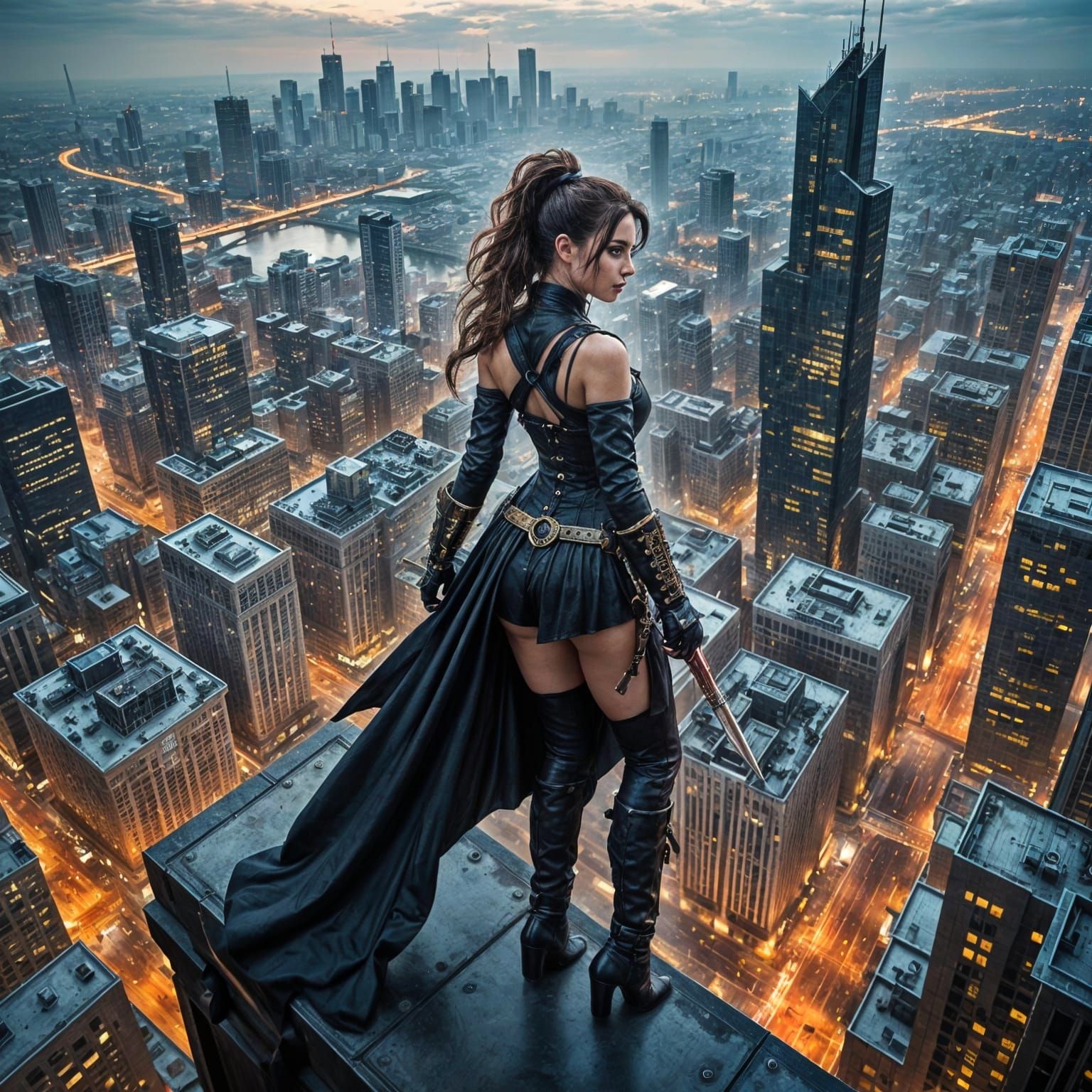 Steampunk Assassin Overlooks City From Skyscraper Edge