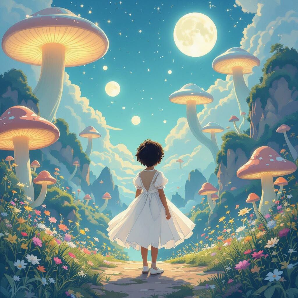 Boy in Dress in Whimsical Fantasy Landscape