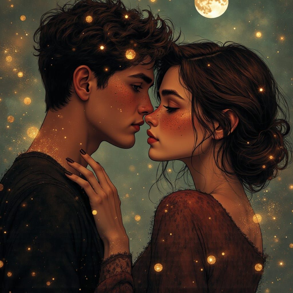 Lovers Embracing Under Starlight, Digital Illustration