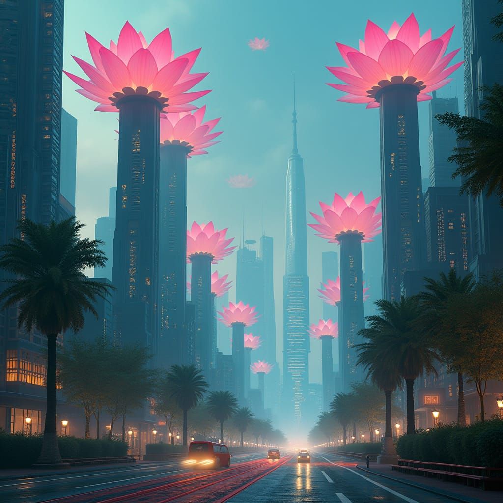 Futuristic Cityscape with Bioluminescent Lotus Flowers in Cy...