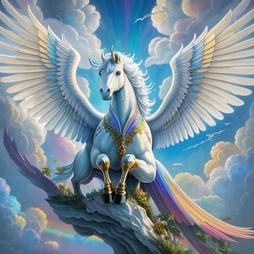 Pegasus with Stained Glass Wings in Clouds