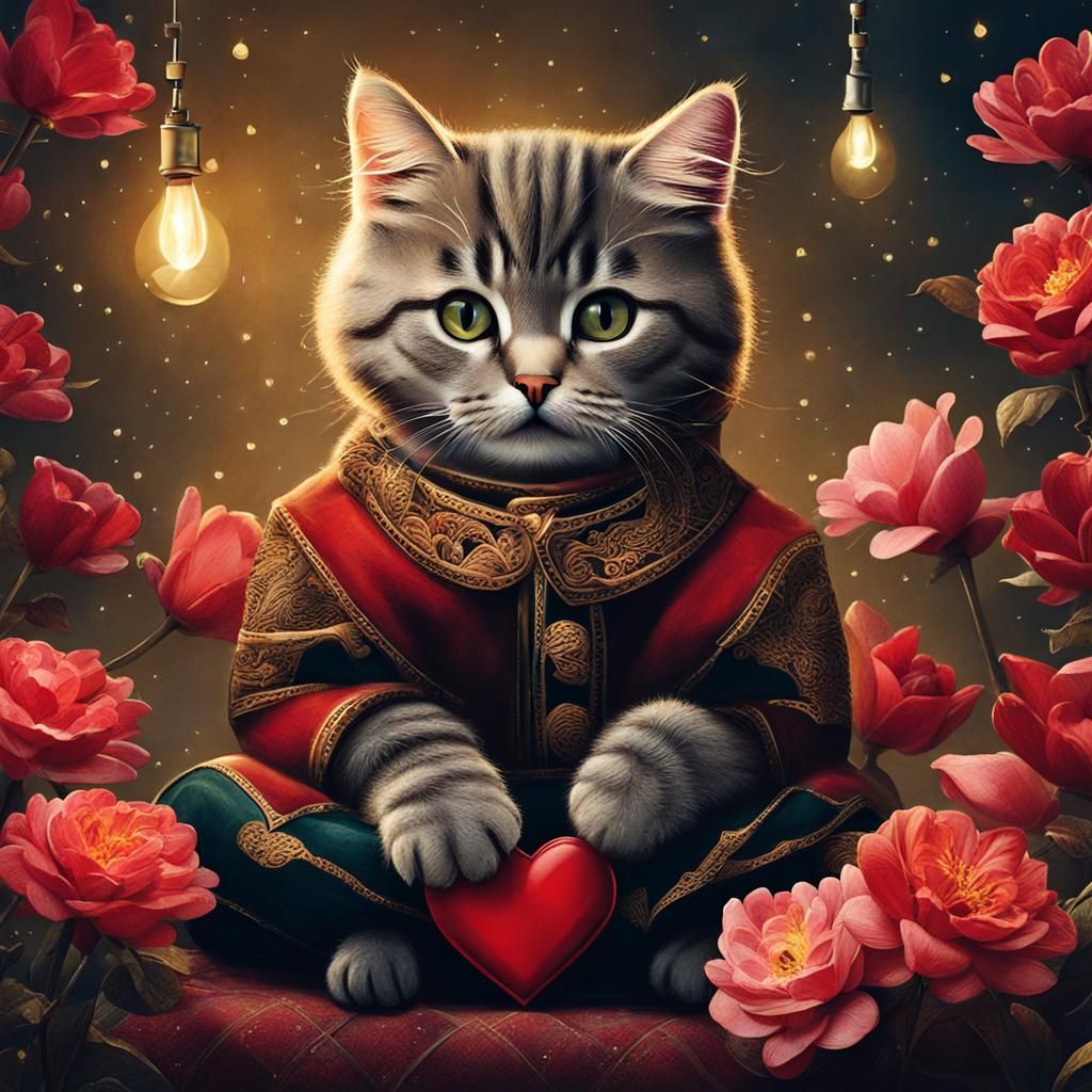 Cute Cat with Heart Lights: Digital Art