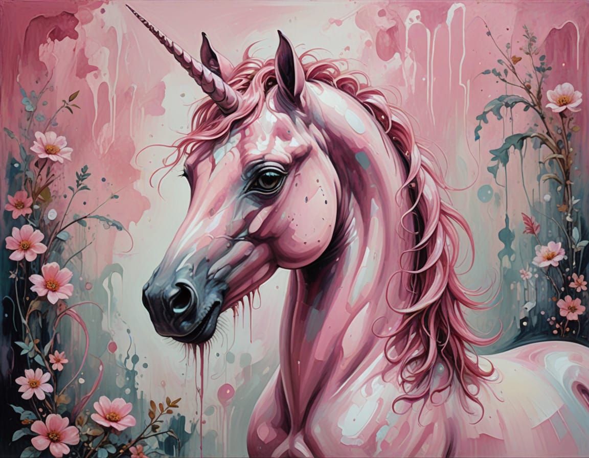 Surreal Whimsical Painting of a Pink Unicorn in a Dreamlike ...
