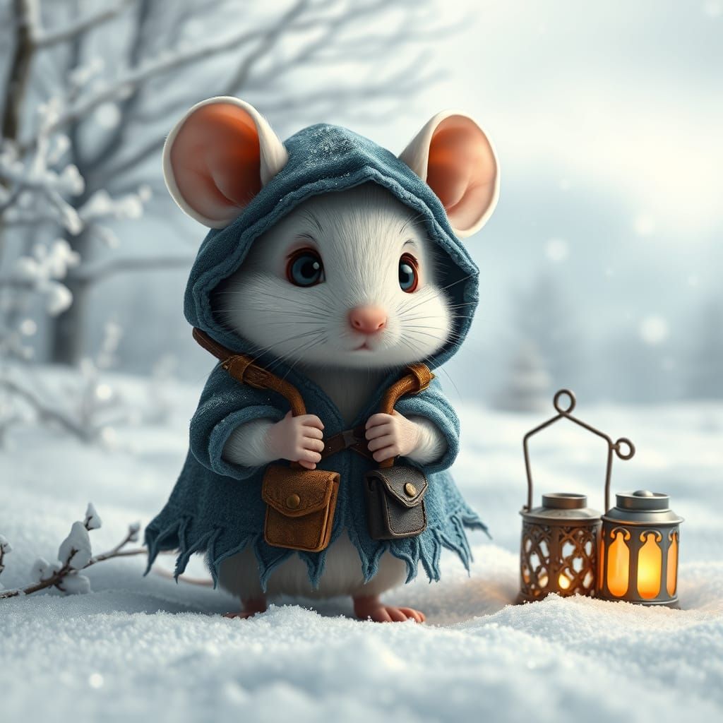 Mouse's Winter Journey: Photorealistic Whimsical Adventure