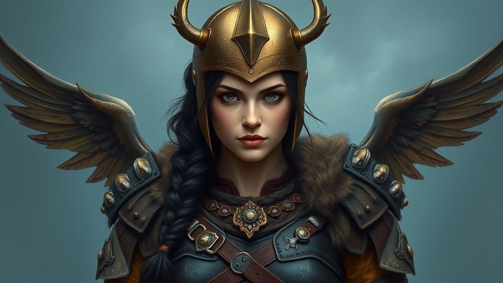 Viking Warrior Woman in Dark Bronze Helm with Matte Wings