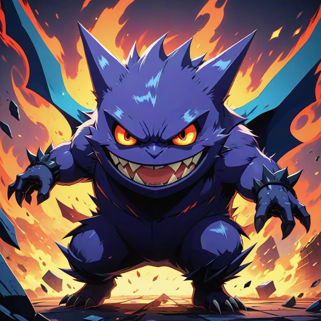 Vibrant Gengar Pokémon in Dynamic Anime-Inspired Scene