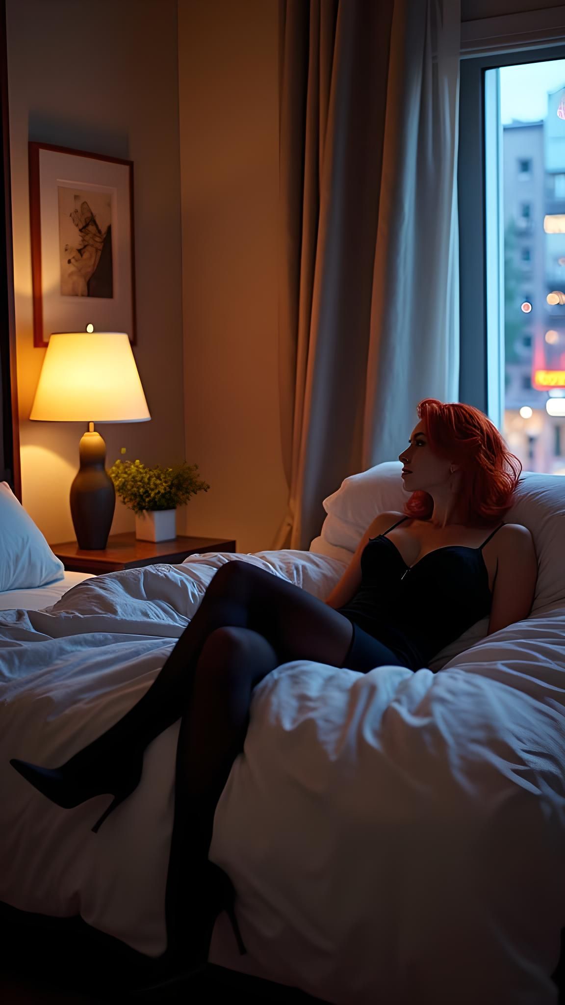 Red-Haired Woman in Luxurious Bedroom with Neon Lights