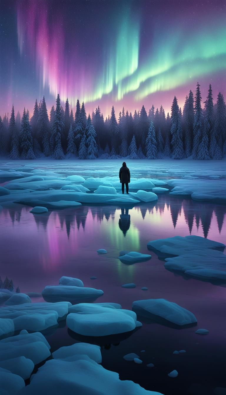 Aurora Borealis Over Frozen Lake: Cinematic Oil Painting