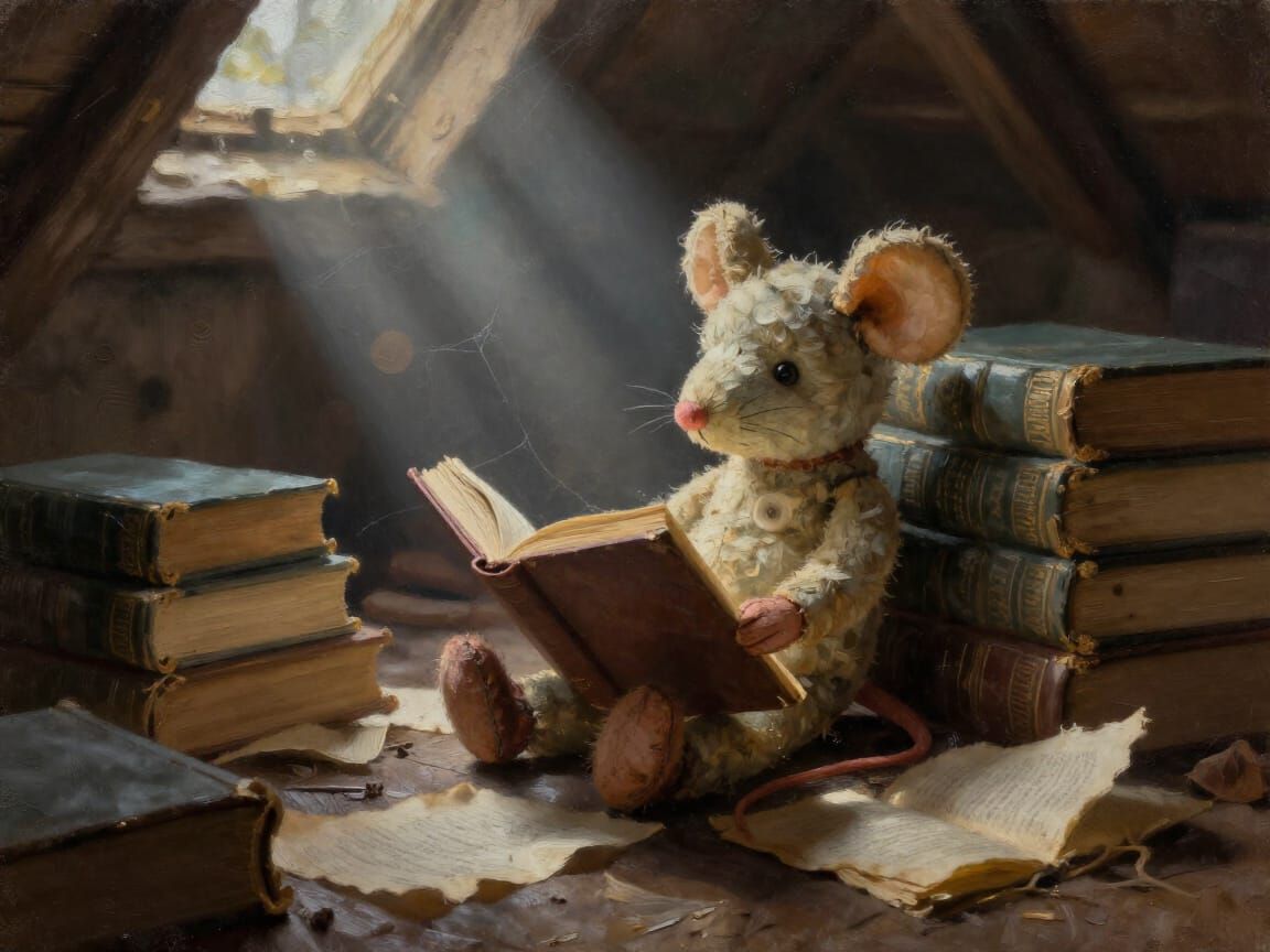 Mouse Reading Book in Dusty Attic Library