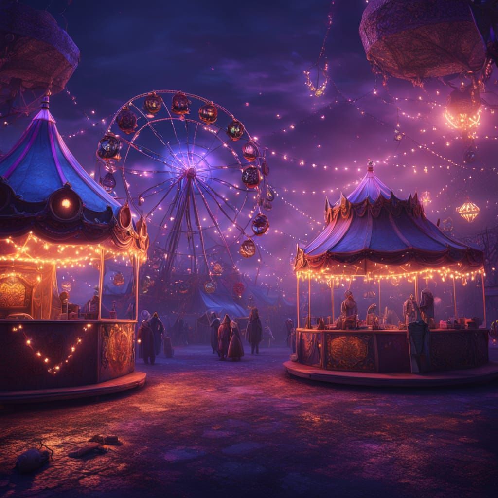 Creepy Carnival at Dusk: Fantasy Illustration in Vibrant Col...