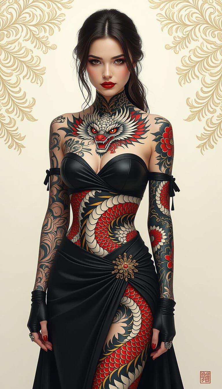 Girl with Dragon Tattoo in Hyperrealistic Horror Style