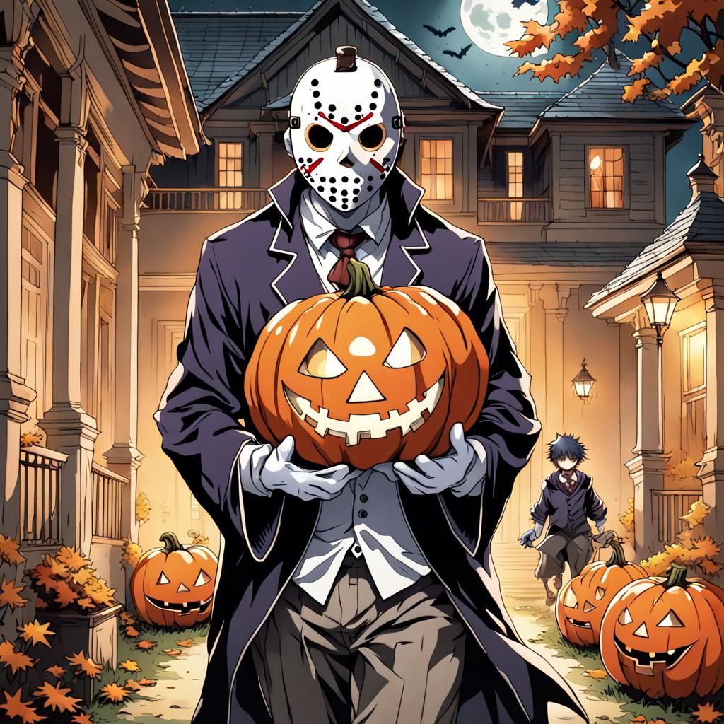 Anime Character in Halloween Mask at Haunted Mansion