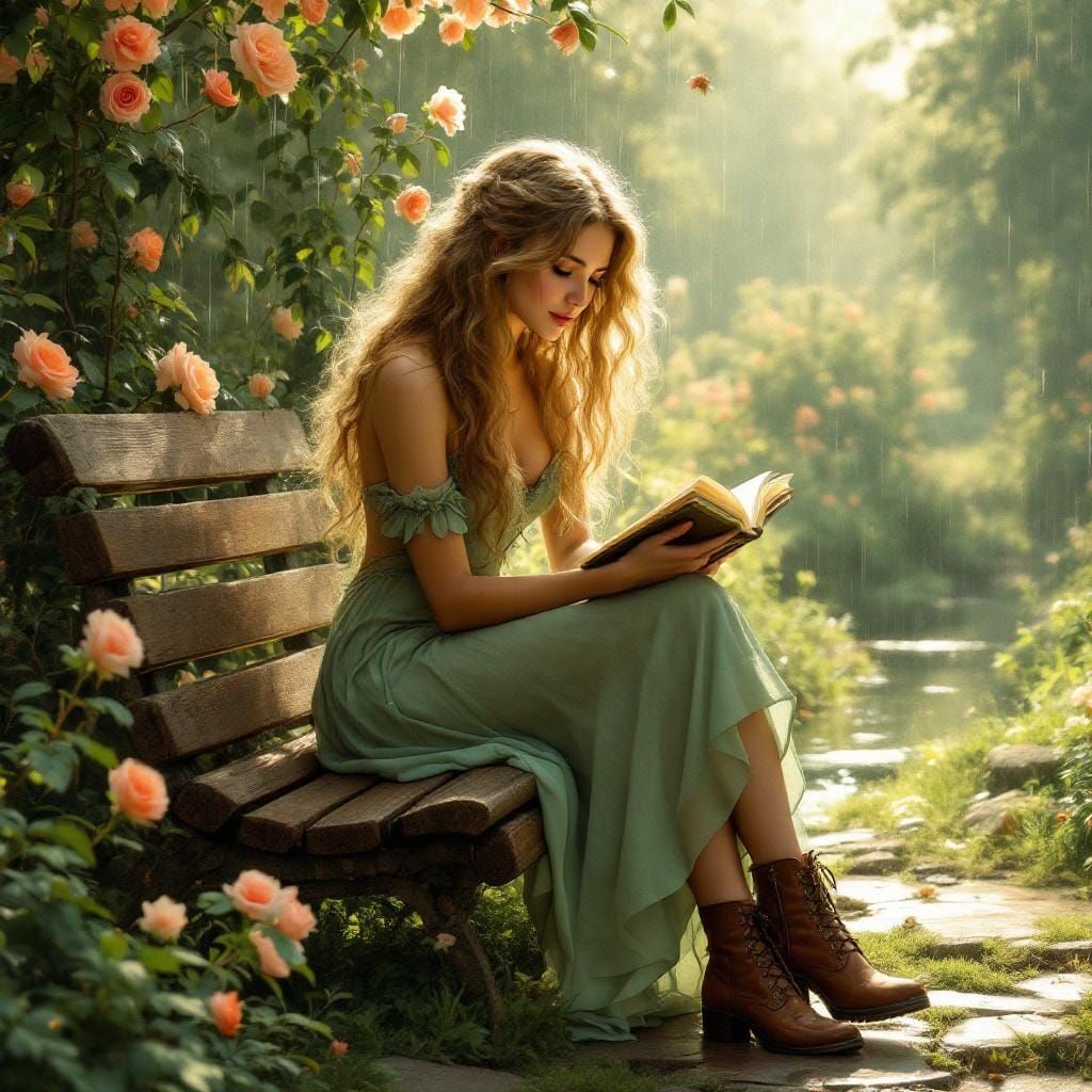 Romantic Blonde in Garden, Pre-Raphaelite Style