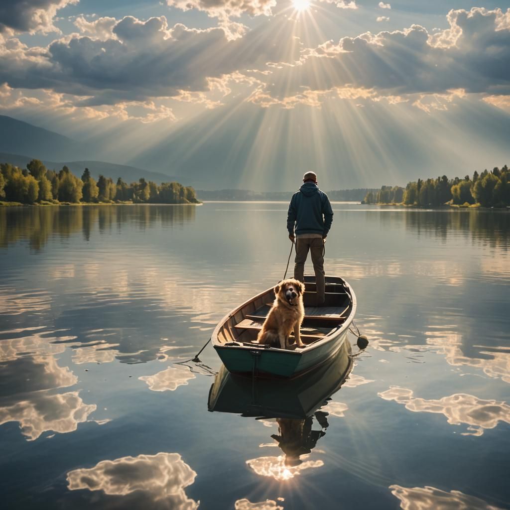 Man and Dog in Boat Under Divine Light