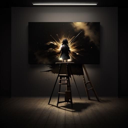 Black Figure Leaps from Canvas in Grunge Style