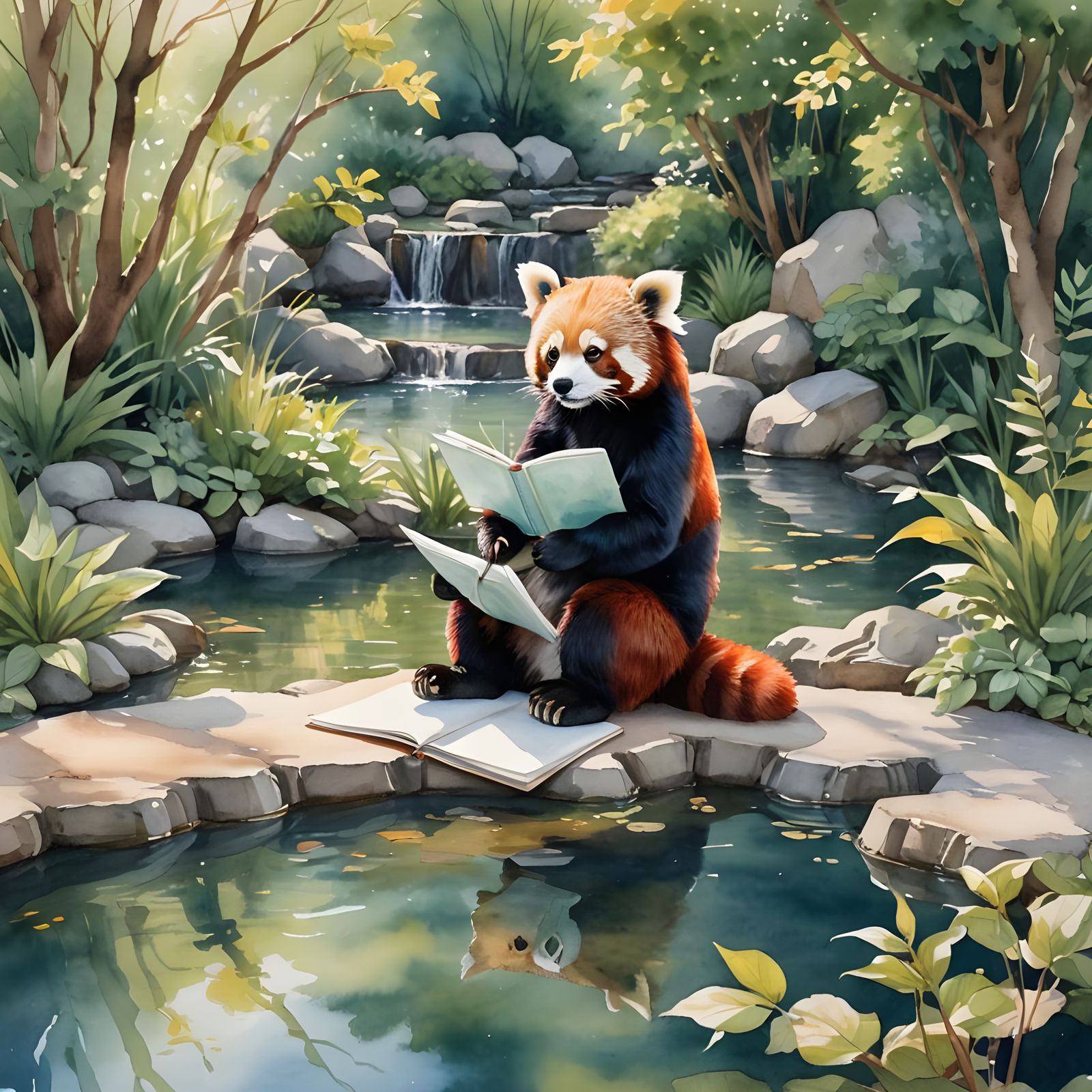 Red Panda Writes by the Pool