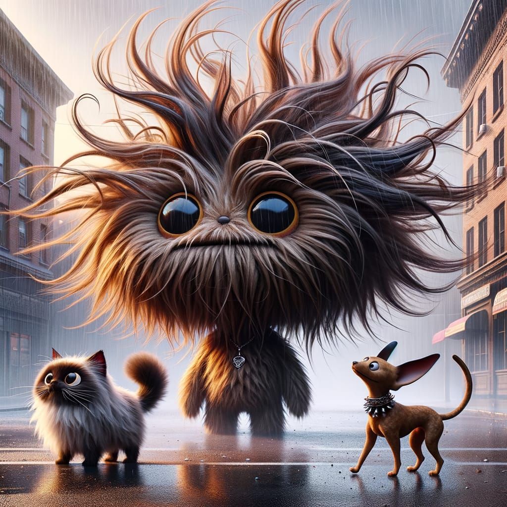Imaginary Creature, Cat, Dog in Urban Punk Rain Scene