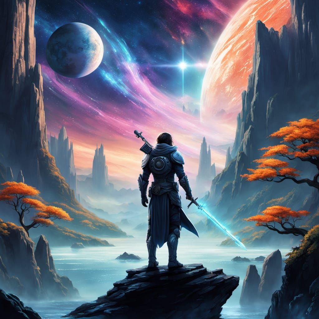 Celestial Warrior on Floating Island in Anime Art