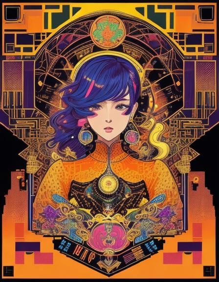 Luminous Orange Fruit in Pixelated Art Nouveau Style