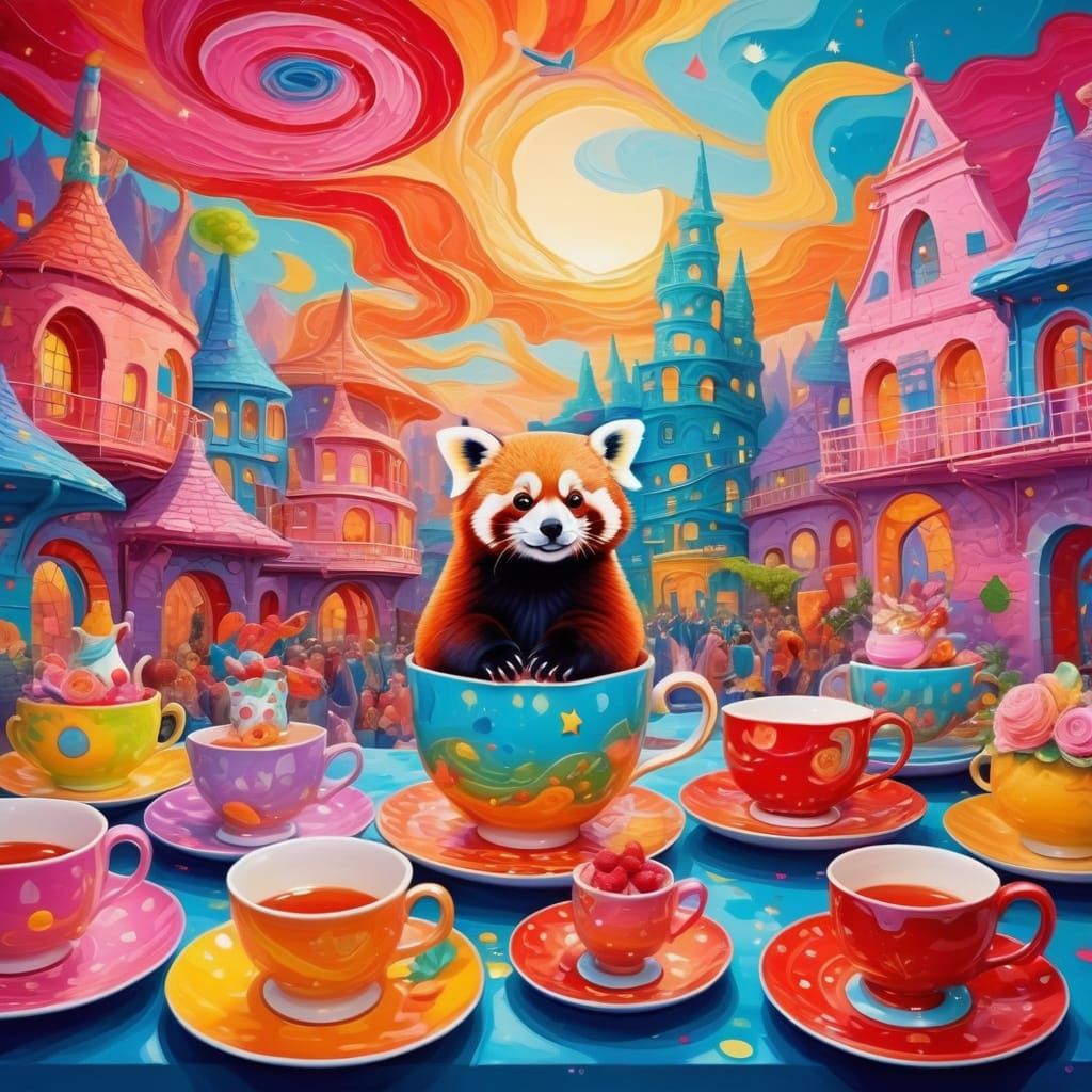 Red Pandas Tea Party in a Teacup City