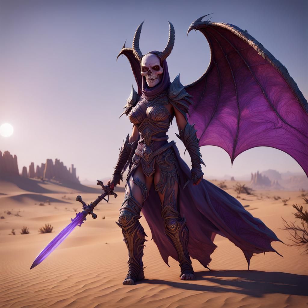 Skull-Faced Demon Assassin in Desert Landscape