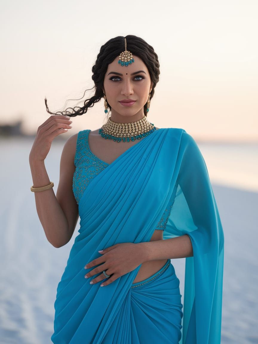 Indian Bride in Turquoise Saree on White Beach
