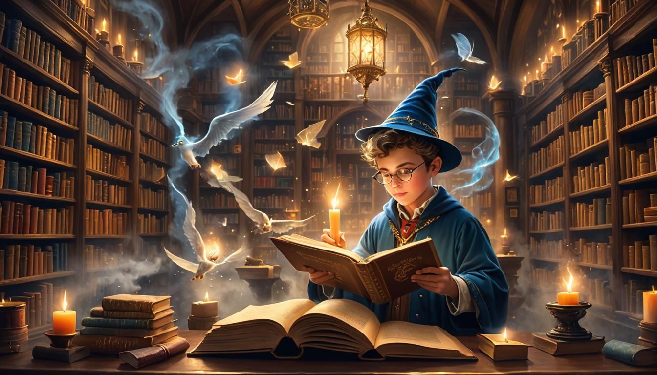 Young Wizard Studying in Magical Library