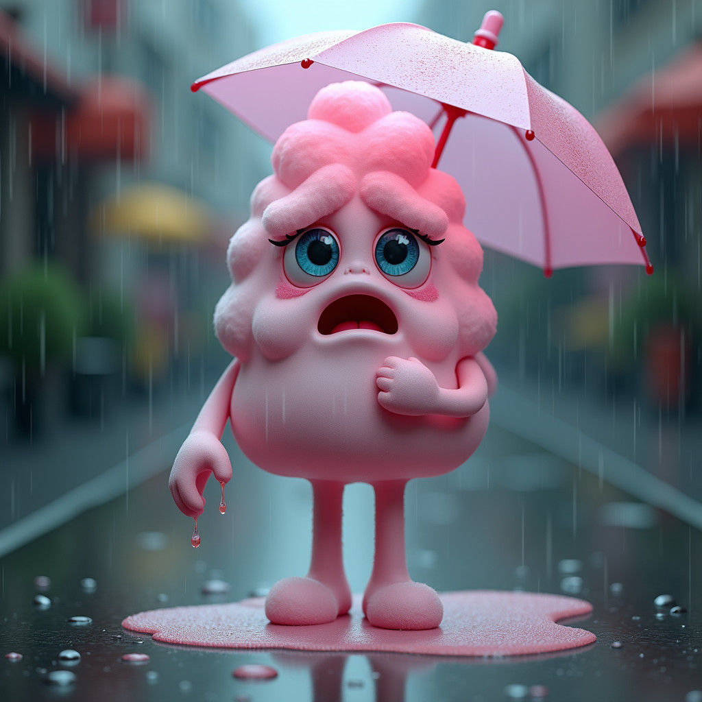 Annoyed Cotton Candy Character in Rainy Mood