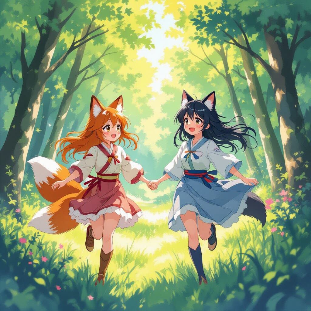 Anime Girls in Forest, Watercolor Style