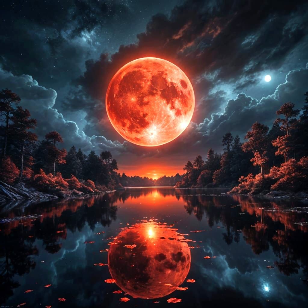 Glowing Ruby Moon Rises Above Calm Lake in Epic Digital Pain...