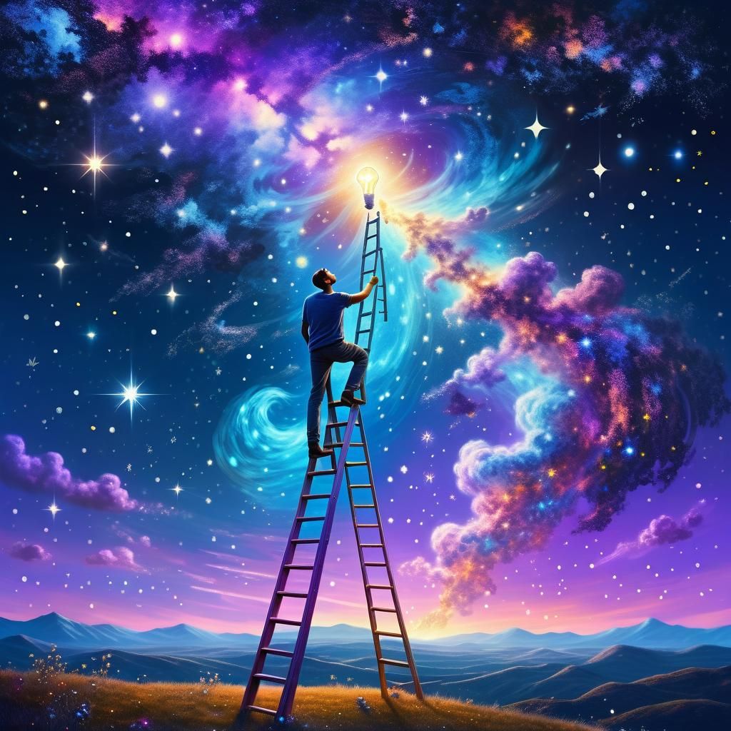 Man Unscrewing a Lightbulb in Starry Sky