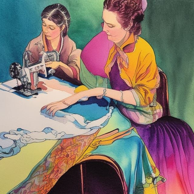 Old woman and young woman sewing Kelly Freas analogous colors watercolor ink drawing detailed detailed painting