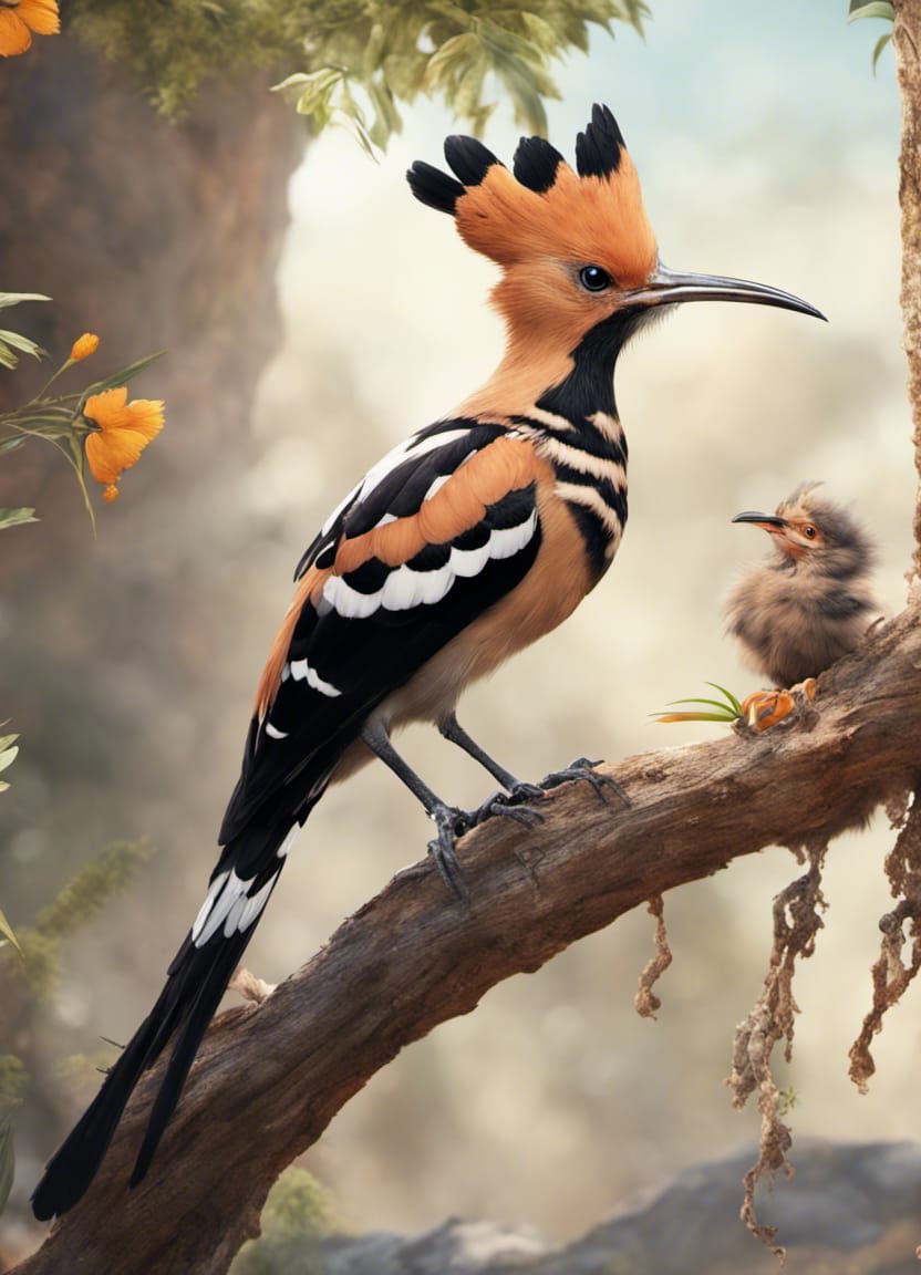 African Hoopoe Feeding Chicks: Detailed Matte Painting