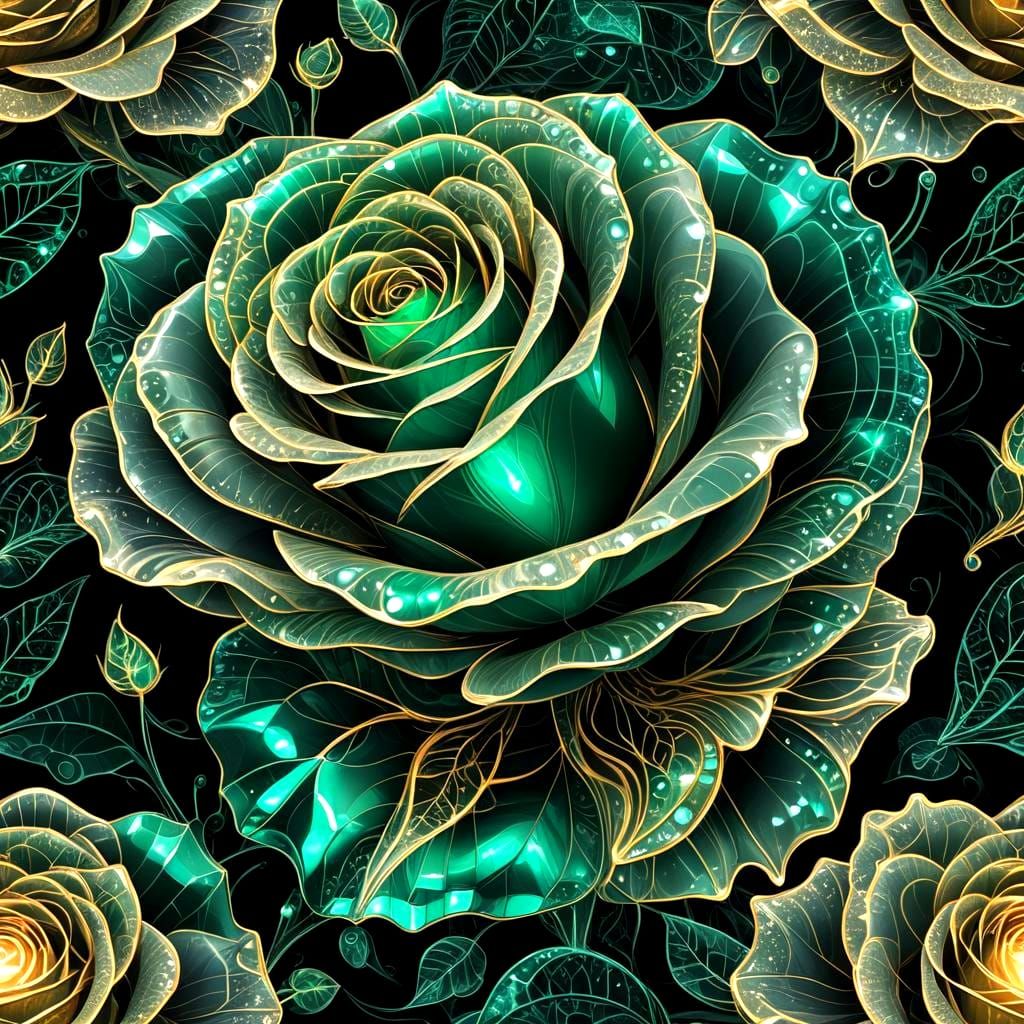 Bioluminescent Emerald Crystal Rose on Black Background