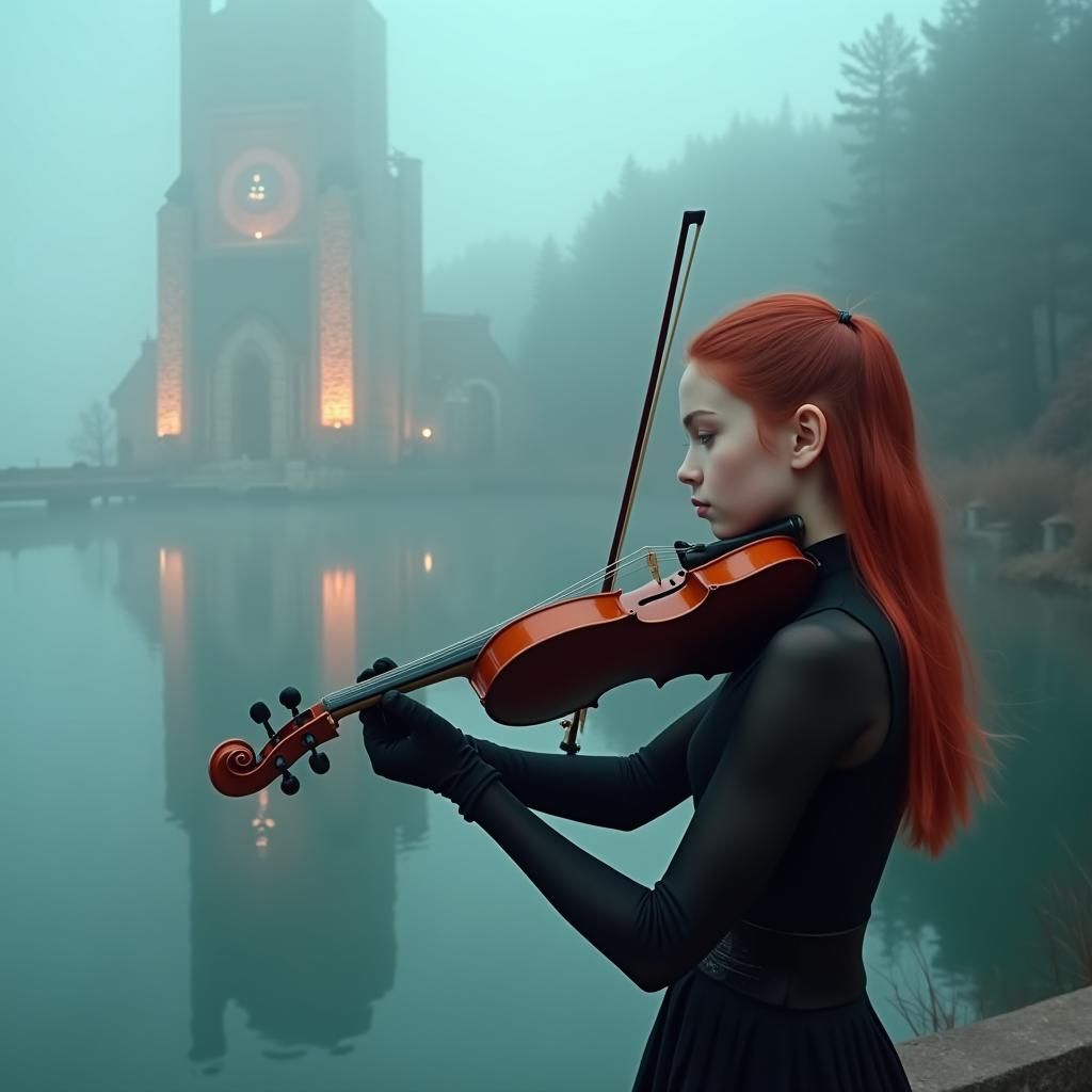 Girl with Violin in Gritty Sci-Fi Cityscape
