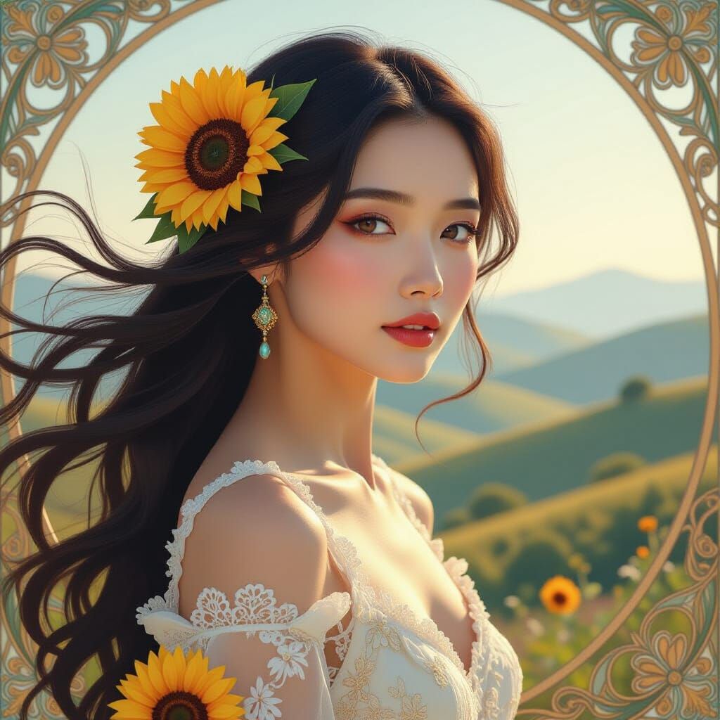 Art Nouveau Digital Portrait of Woman with Sunflowers