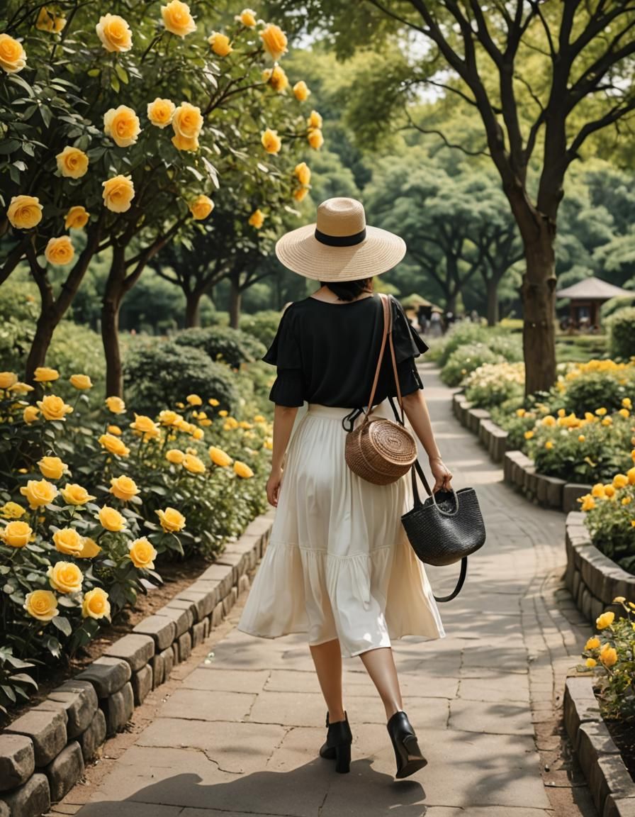 Woman in Seoul Garden with Roses