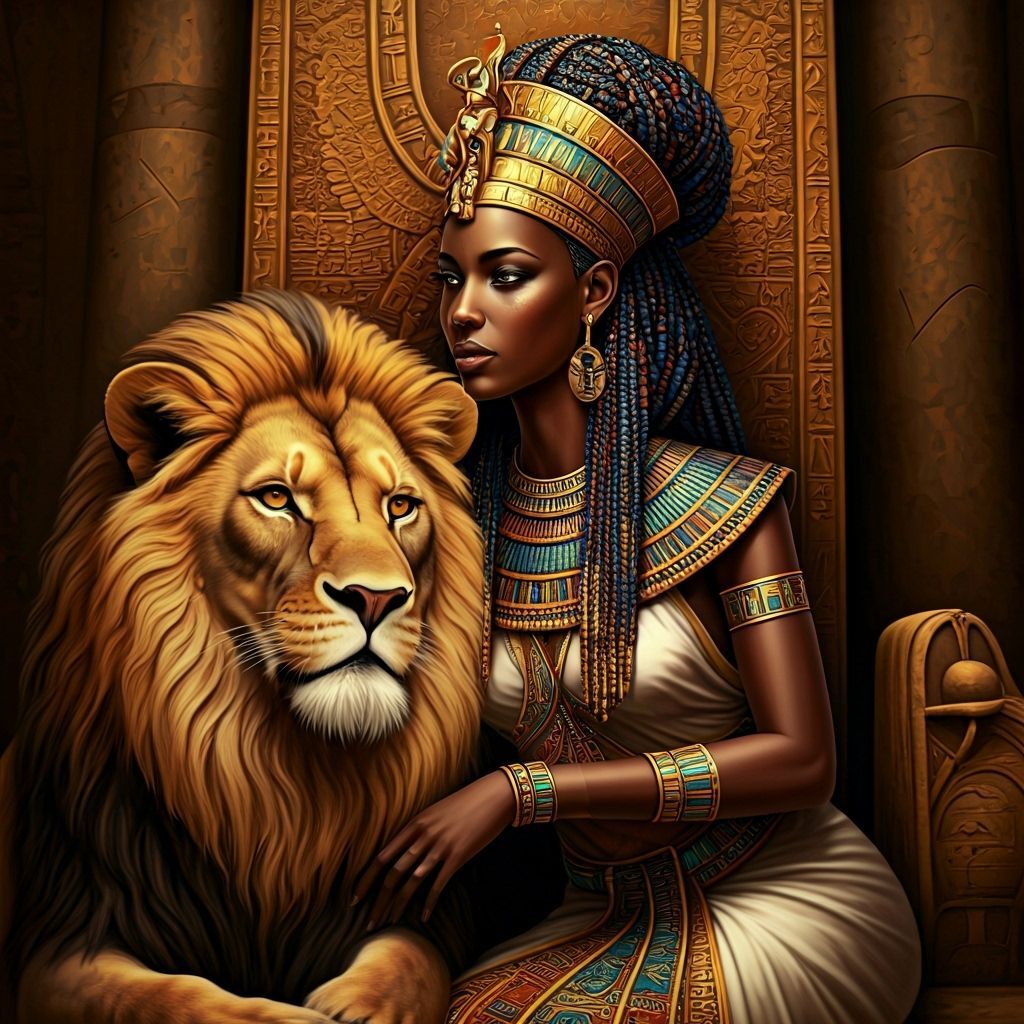Black Egyptian Queen on Throne with Lion, Hyperrealistic Spl...