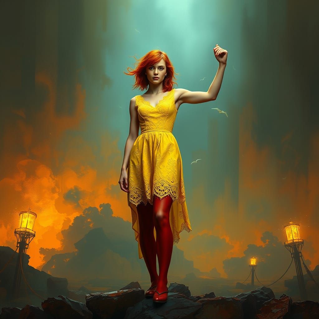 Heroic Redhead in Yellow Dress: Digital Matte Painting