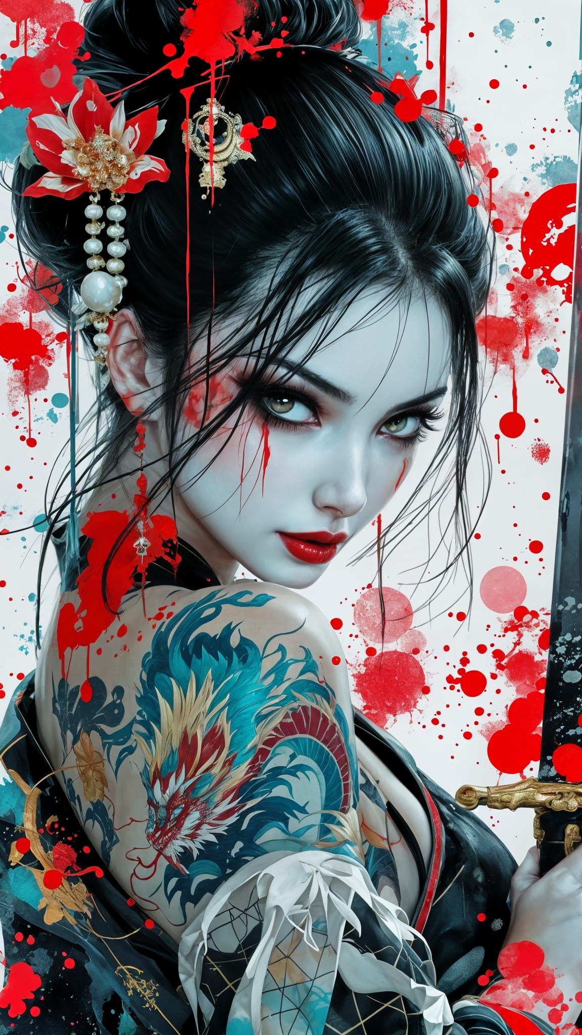 Elegant Assassin Geisha Unveiled in Vibrant Graffiti Style