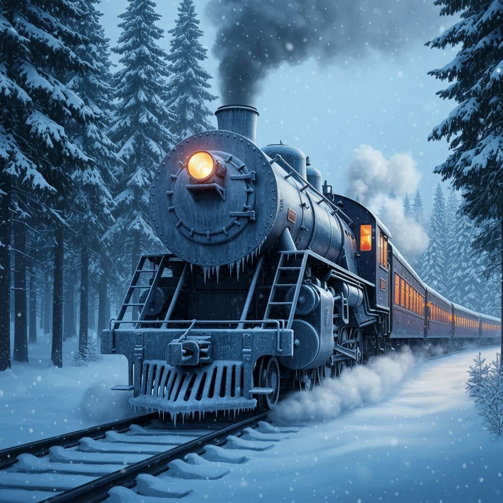 Snowy Forest Train Journey in Digital Painting Style