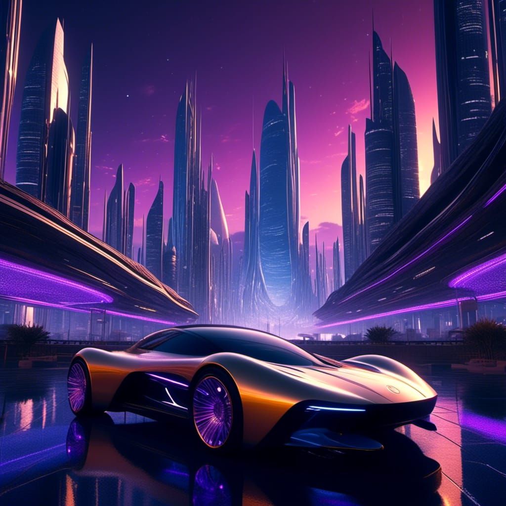Cyberpunk Cityscape with Flying Cars Under Starry Sky