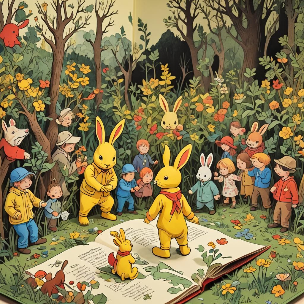 Tragic Pop-Up Book Scene with Rabbit Character