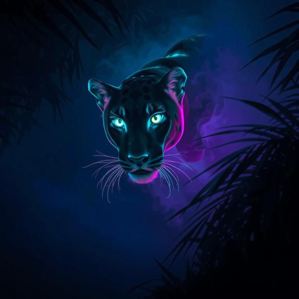 Fluorescent Panther in Misty Night Jungle
