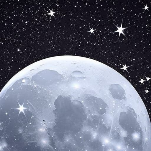 Radiant Moon with Sparkly Stars on Black Background
