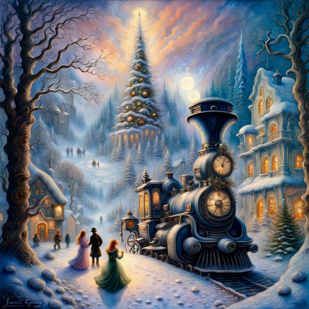 Winter Christmas village with a large Christmas tree ethereal fantasy by Josephine Wall, hyperdetailed mist  steampunk e...