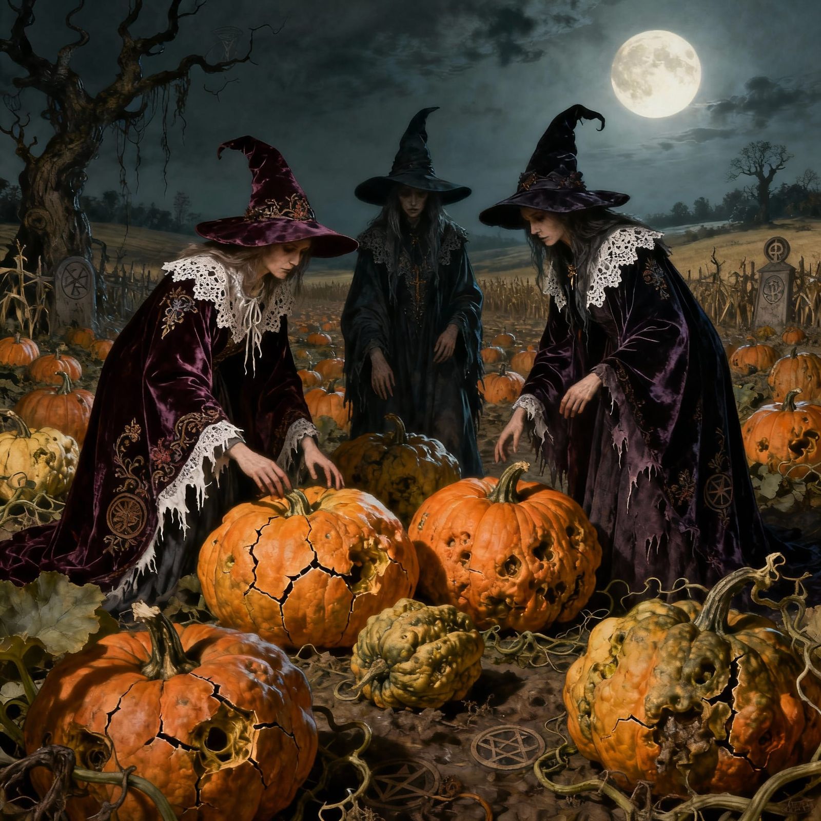 Gothic Witches Inspecting Pumpkins on Moonlit Farm